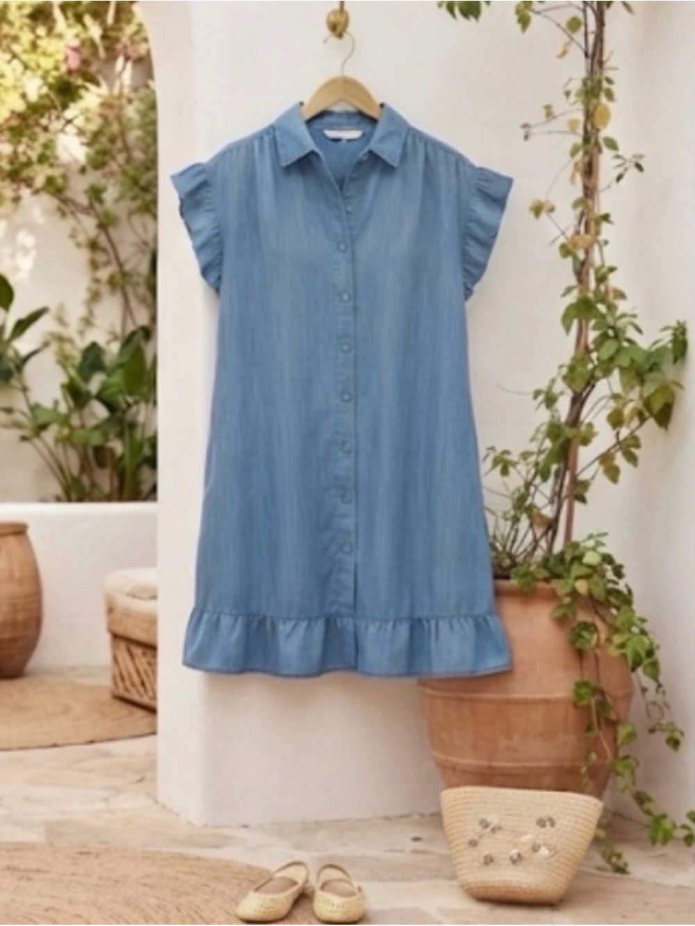 Crown & Ivy flutter sleeve chambray shirt dress
